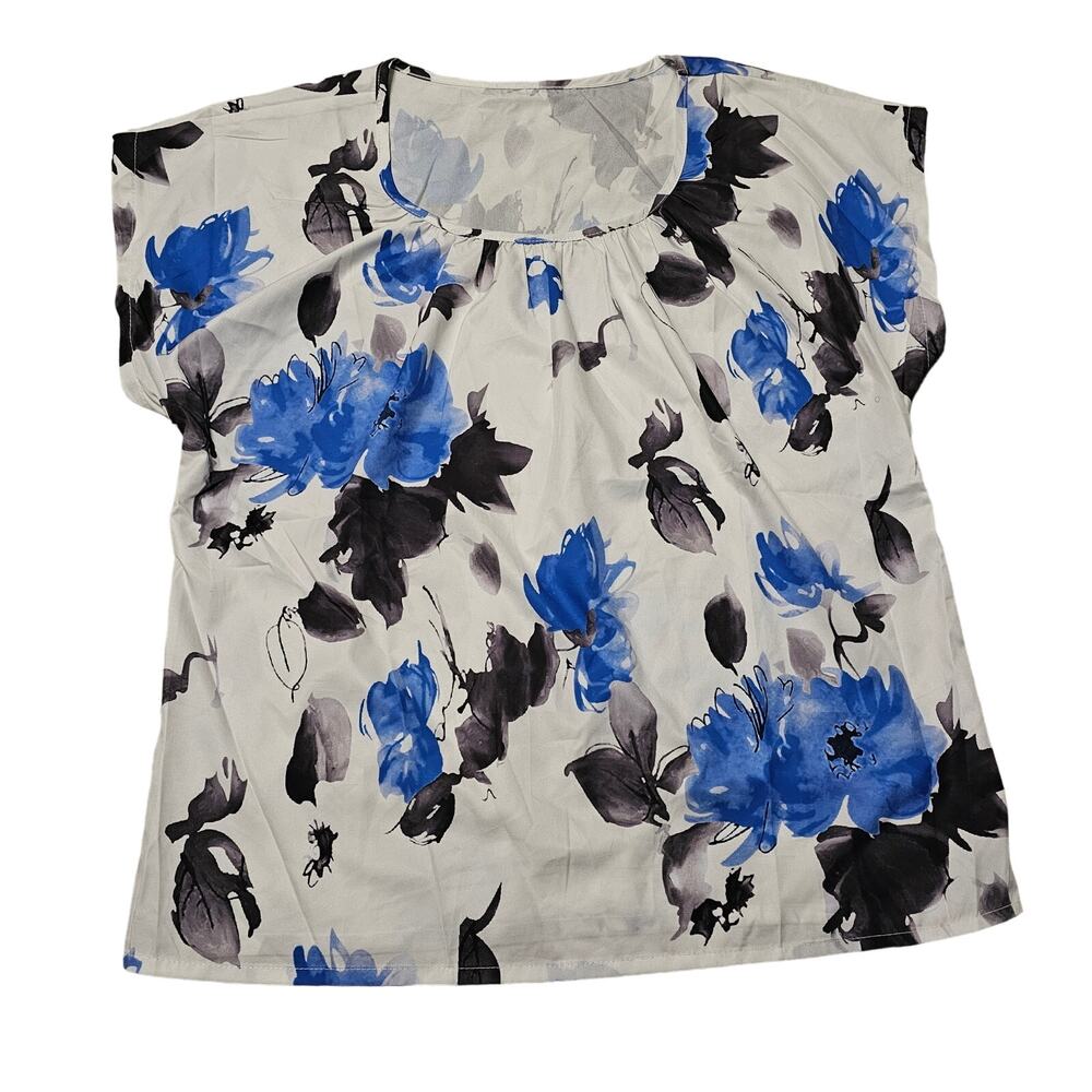 Women Floral Short Sleeve Size L Shirt Blue Black White